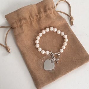 White Pearl Engraveable Heart Charm Bracelet